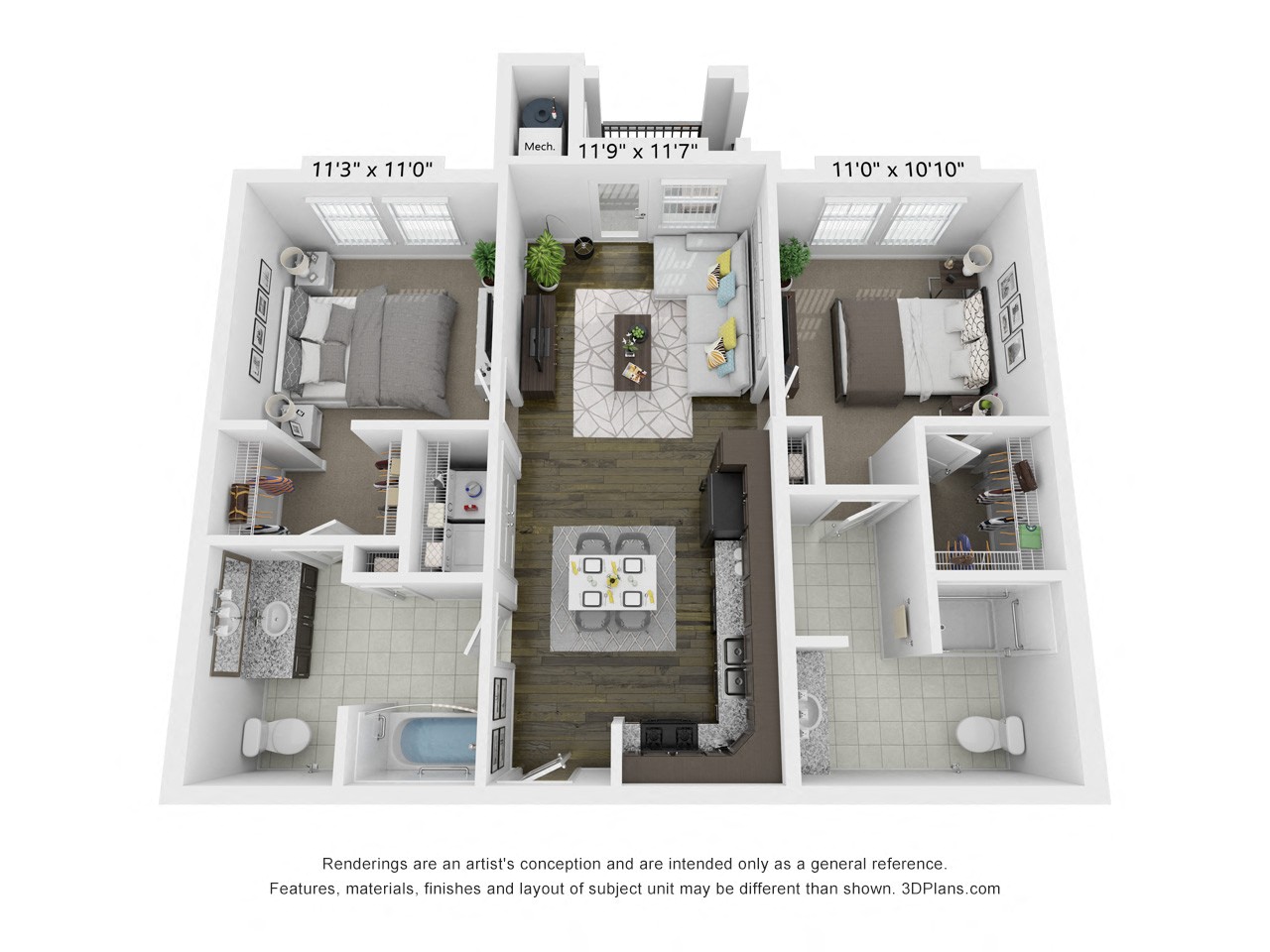 Floor plan for 2 beds, 2 baths, 984 sqft